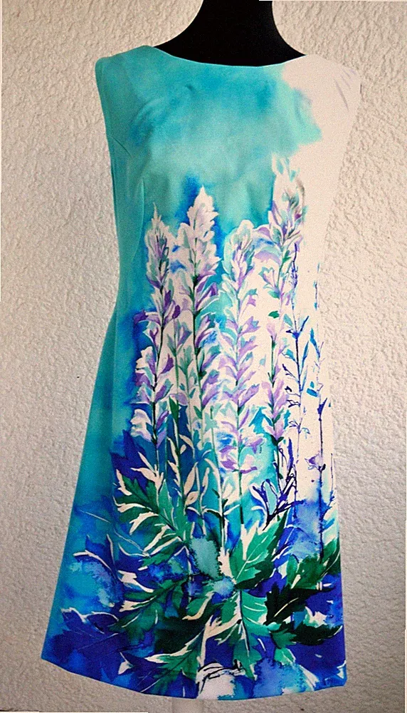 Kleid Handarb. neu 40 42 A-Linie Shiftkleid Etuikleid elast. Weiß Türkis Blau
