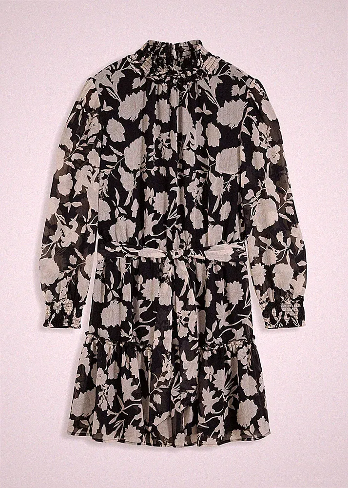 Kleid in A-Linie Gr. 38 Schwarz Wollweiß Geblümt Minikleid Casual-Dress Neu