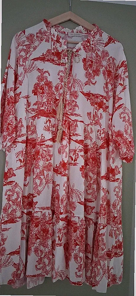 Kleid Italienische Mode Gr.L Viskose Rotes Palmenmuster Kordel Volant Top Look