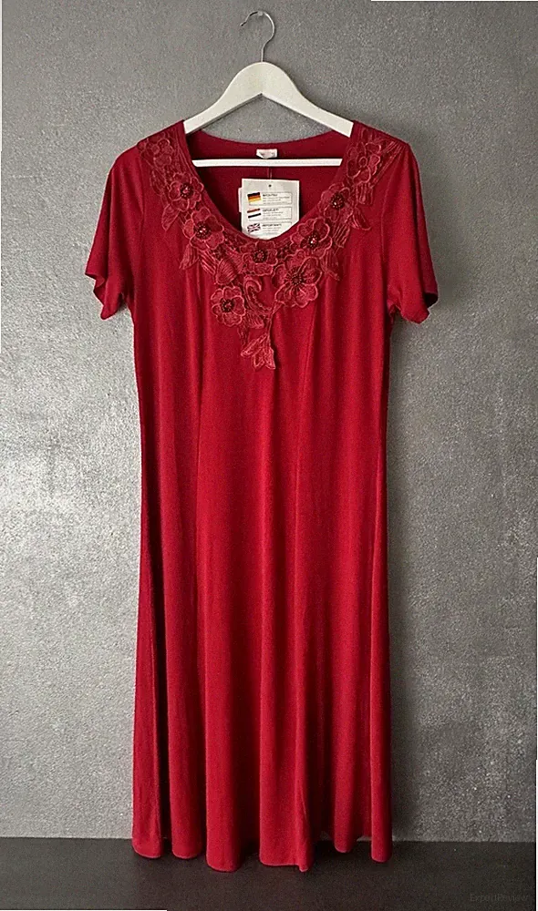Kleid Jersey Rot Gr. 40 Wadenlang Rundhals Kurzarm
