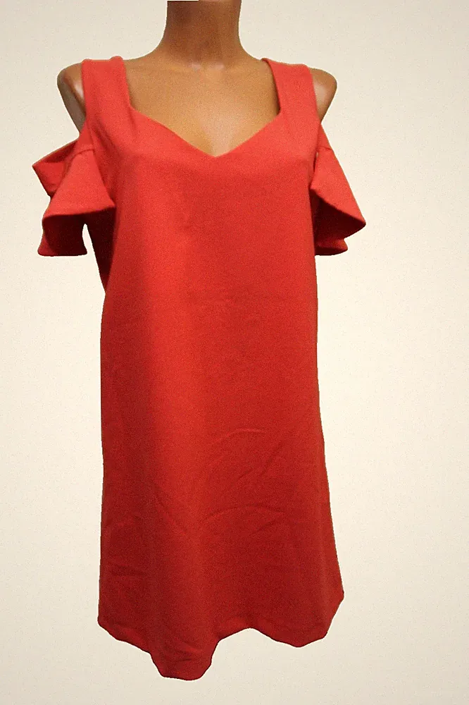 Kleid L 38/40 Midikleid Etuikleid rot knielang schulterfrei stretchig kurzarm