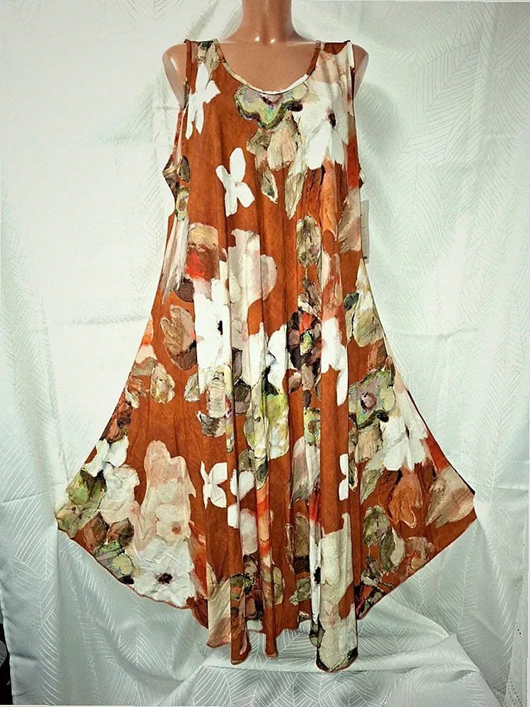 Kleid LABASS ca 46 48 50 52 rost orange große Blumen luftiges Sommerkleid 115cm