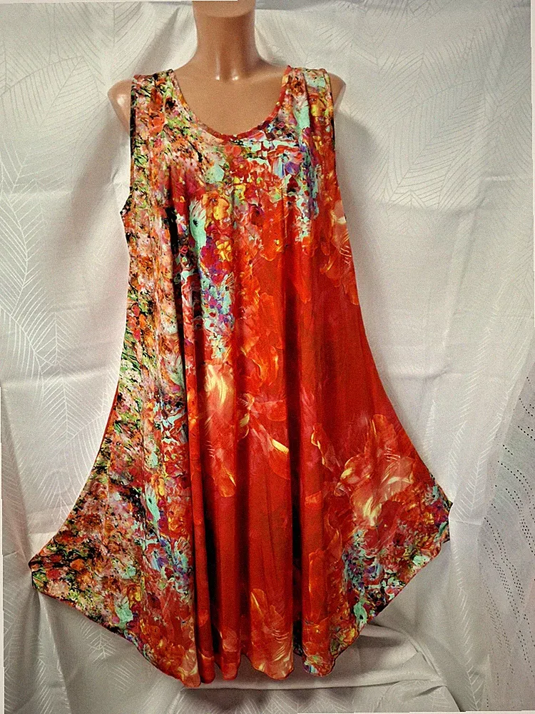 Kleid LABASS ca 46 48 50 52 rot orange Blumen luftiges Sommerkleid 115cm lang