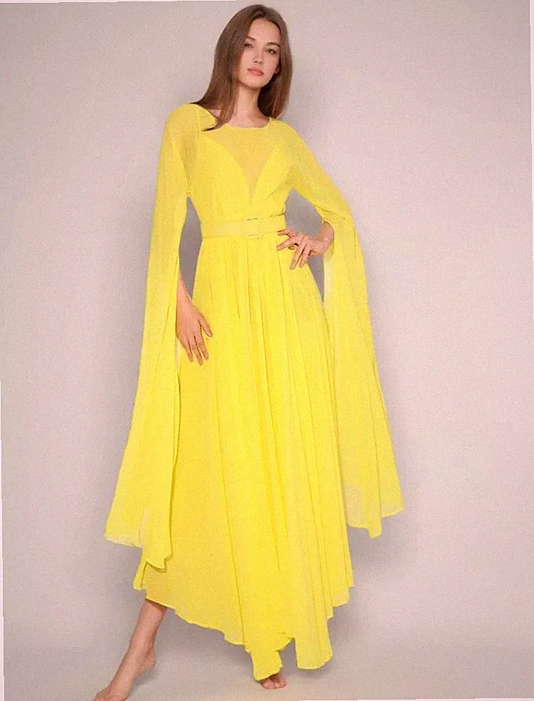 Kleid Lang Alle Knöchel Frau Gelb Gürtel Weich Elegant 20178
