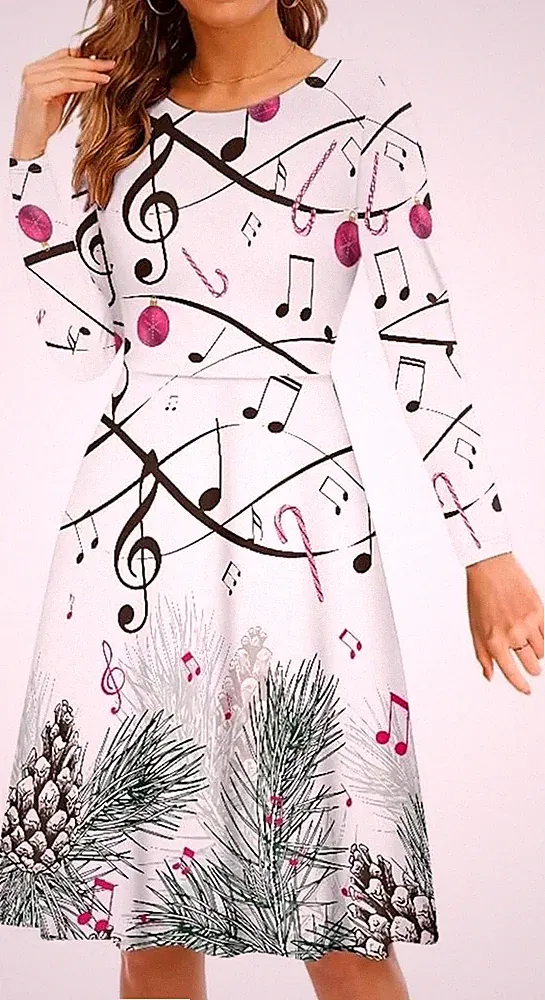 Kleid Langarm Stretch mit Noten / VIolinschlüssel und Weihnachtsmotiven NEU XL