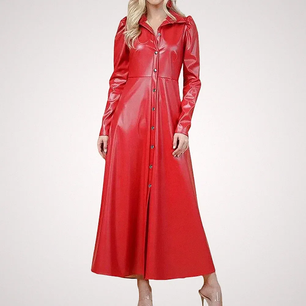 Kleid mit hoher Taille Lässiges PU-Leder Einreihiges A-Linien-Kleid