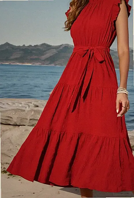 Kleid mit Rüschensaum und Flatterärmeln und Gürtel, elegant, einfarbig, Sommer