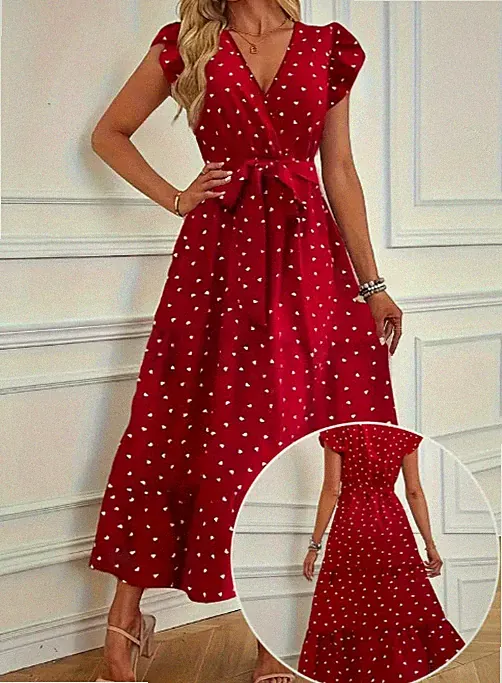 Kleid mit Surplice-Ausschnitt und Herz-Print, lässiges Stufenkleid Sommerkleid