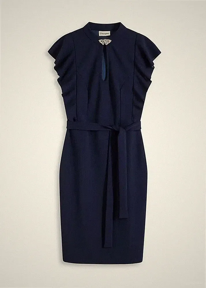Kleid mit Zierknöpfen Gr. 48/50 Dunkelblau Damen Etuikleid Abendkleid Neu