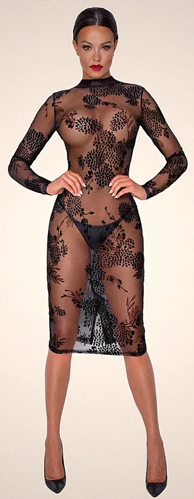 Kleid Noir Handmade Transparent Beflockt Samt Langarm S-XL
