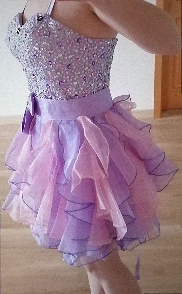 Kleid Rosa Lila 36 S Strass Abschluss ABI Tüll Volant Kurz Cocktail Schnürung