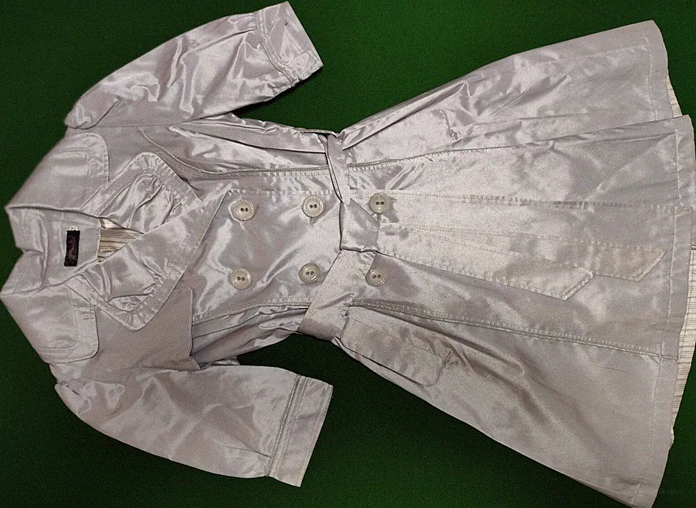 👗Kleid Satinmantel Etuikleid Mantelkleid silber Größe 34-36 gefüttert👗
