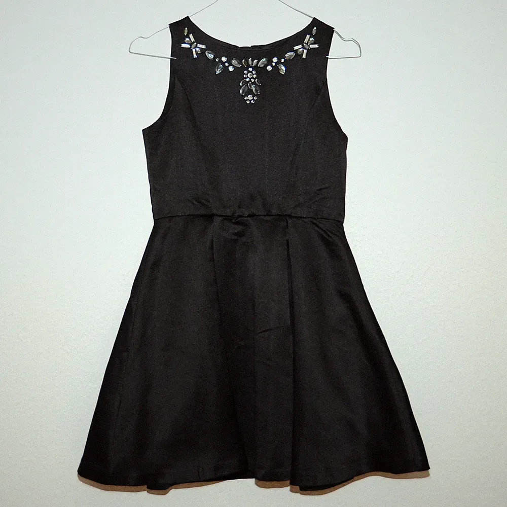 Kleid, schwarz, Satin, Strasssteine, XS, 32, 34, S 152 158 A-Linie, Abendkleid