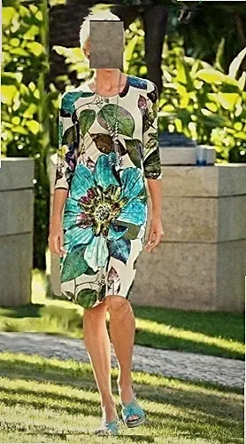 KLEID TÜRKIS GEMUSTERT GR. 46 - schönes Kofferkleid für den Urlaub