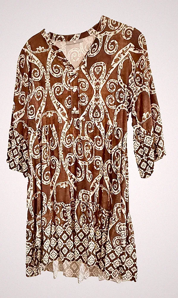 Kleid/Tunika oneSize braun/beige Langarm A-Linie Volant V-Ausschnitt Knopfleiste