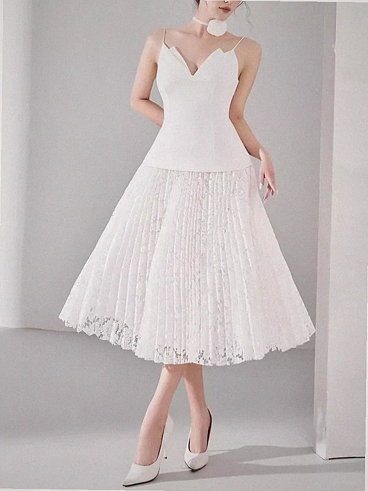 Kleid Weiß Lang aus Spitze Mit Top Hals Herz Elegante Zeremonie CF46176