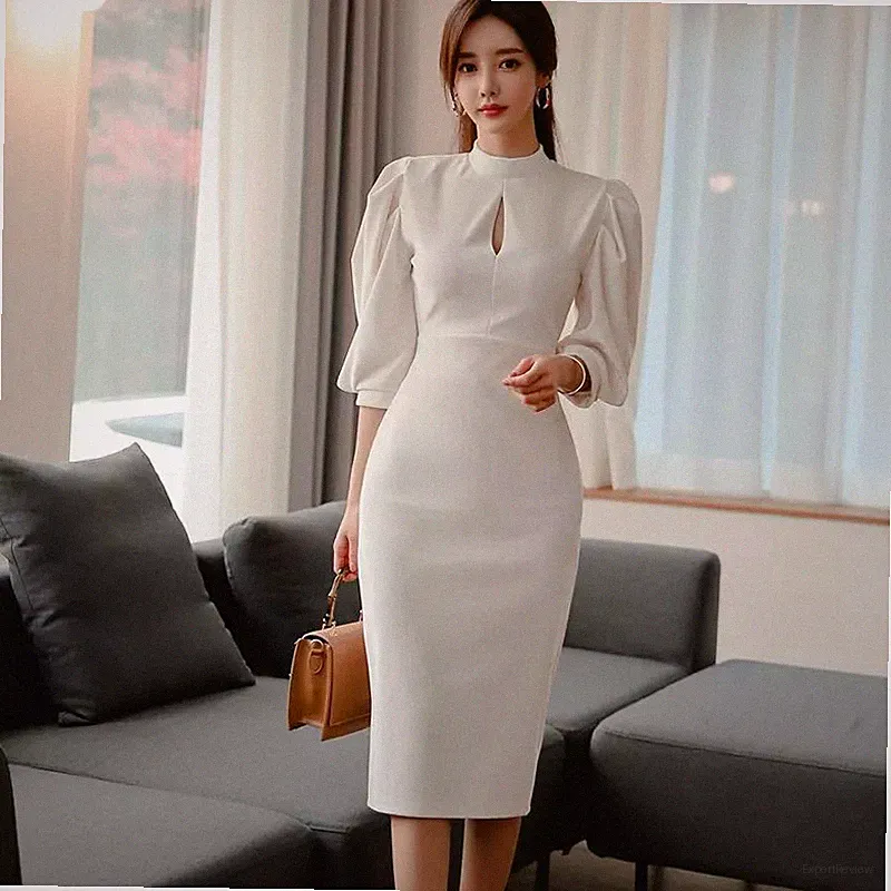 Kleid Weiß Midi- Elegant Hoher Rollkragen Und Ärmel Ballon Etuikleid CF40164