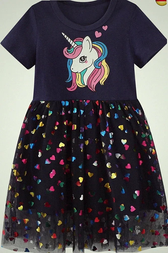 Kleider für Mädchen Einhorn Tüll Pailletten Stickerei Streifen Kleid Sommer Kurz