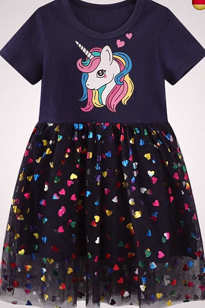 Kleider für Mädchen Einhorn Tüll Pailletten Stickerei Streifen Kleid Sommer Kurz
