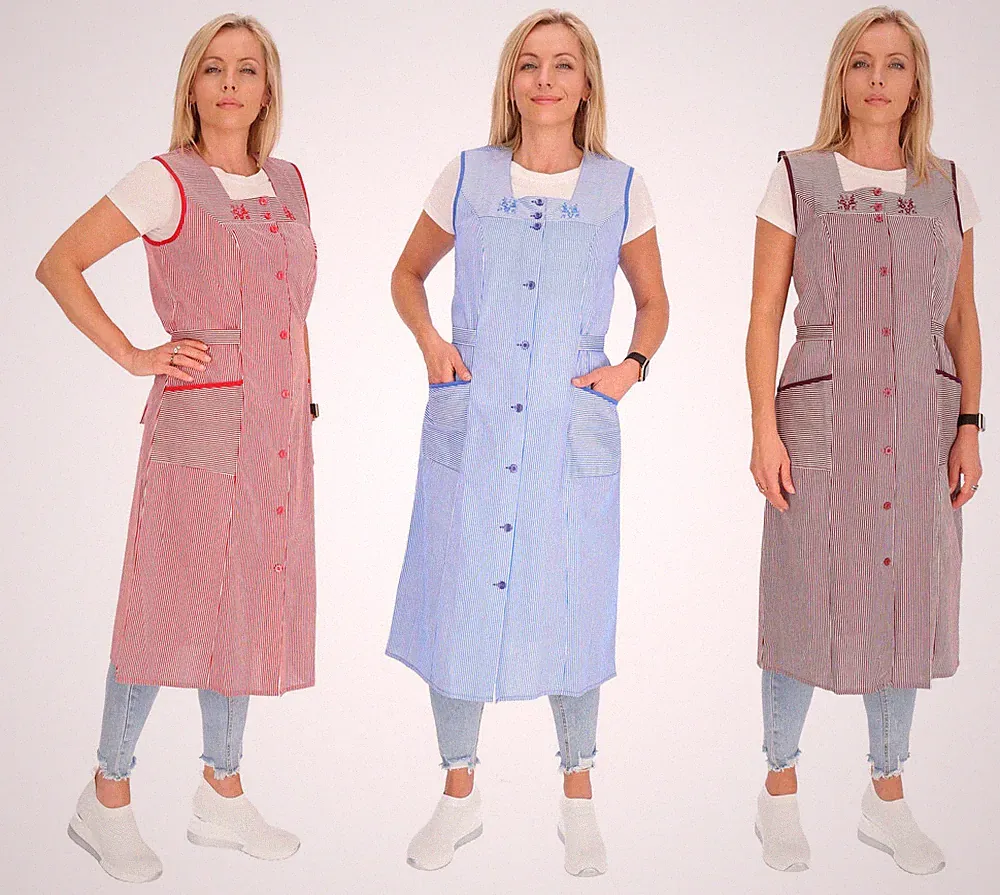 Knopfkittel Baumwolle gestreift Kochschürze Hauskleid Kittel Schürze Gürtel