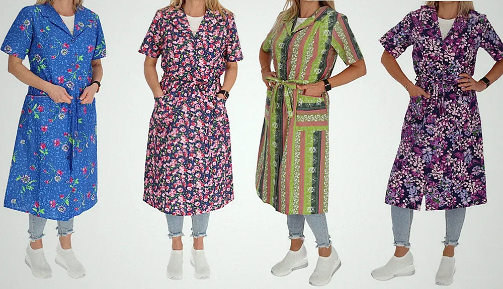 Knopfkittel Baumwolle mit Arm bunt Kochschürze Hauskleid Kittel Schürze Gürtel
