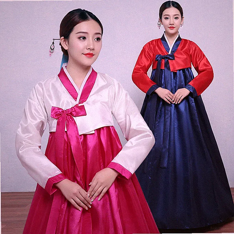 Koreanisches Hanbok Kleid Damen Langarm Bühne A-Linie Polyester Vintage