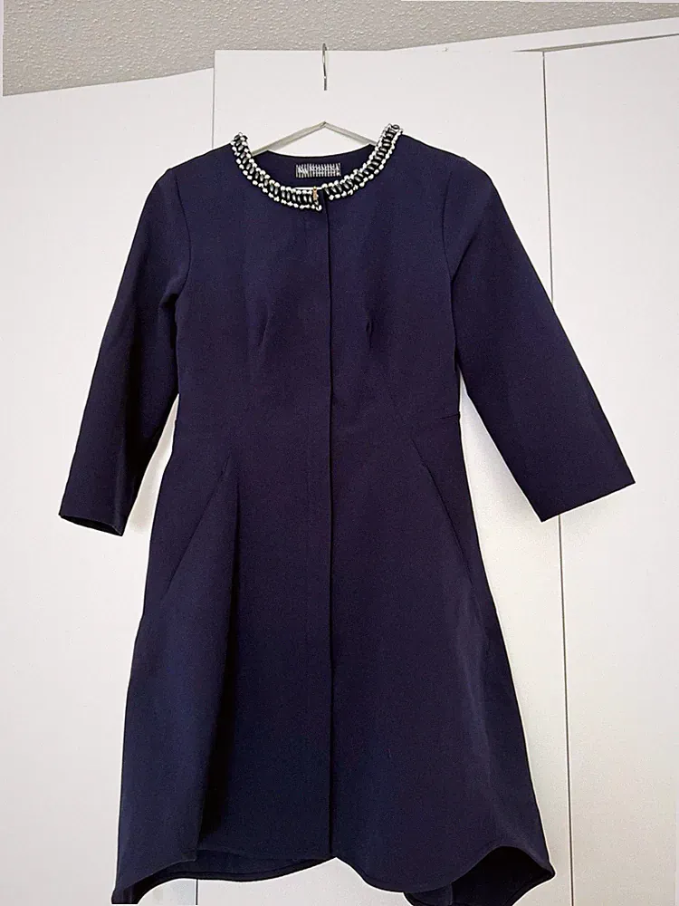 Kosmika Damen A-Linien-Kleid Blau S Midi 3/4-Arm Rundhals Perlen