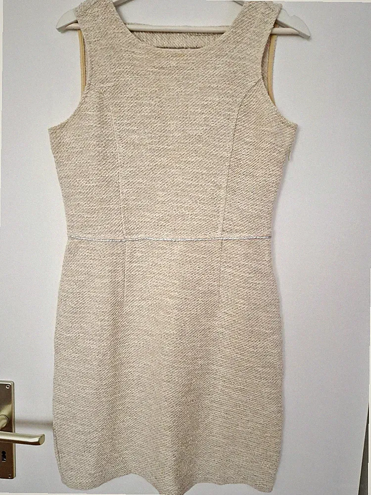 Koton Damen Etuikleid kurz Beige Tweed Glitzer ärmellos Business Gr. L