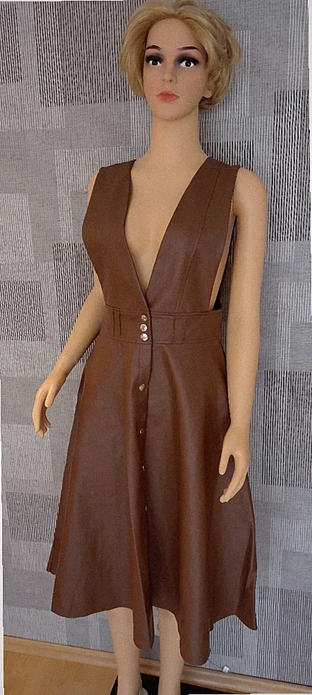 Kunstleder Lederkleid / Rock mit Träger Gr. 38 M braun mit Knopfleiste