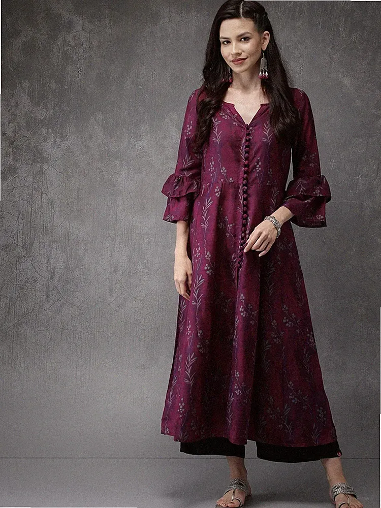 Kurta-Kleid Damen Burgunderrot Blumenmuster A-Linie Eid Diwali...