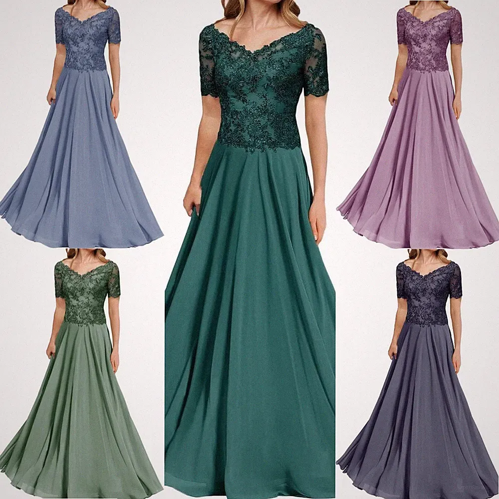 Kurzarm Braut Kleider Abendkleider Für Hochzeit V-Ausschnitt Hochzeitsgast Kleid