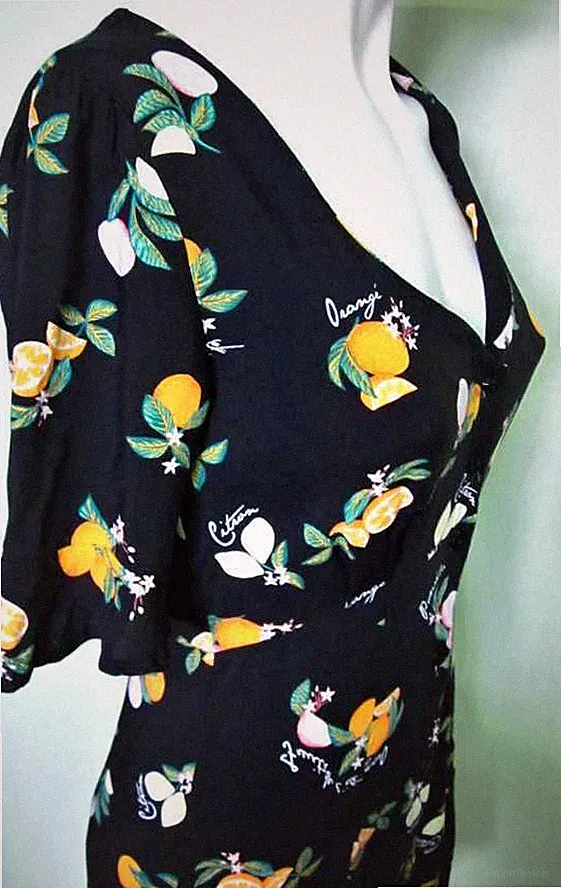 Kurzarm Sommerkleid,Fruits, Orange-Zitrone Pomelo Print,Dress,Bunt,Obst,Gr.S 36