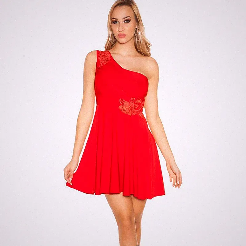 Kurzes Damen A-Linien Abendkleid One-Shoulder Rot #AK1400