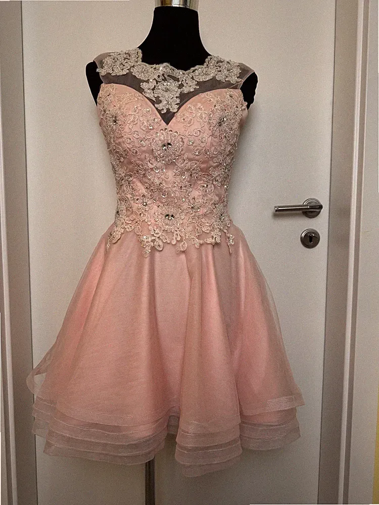 Kurzes Damen A-Linien Ballkleid mit Spitze und Tüllrock Rosa #AK1315