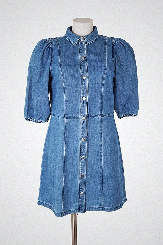 Kurzes Kleid H&M Denim Baumwolle Puffärmel Knöpfe Damen Größe M