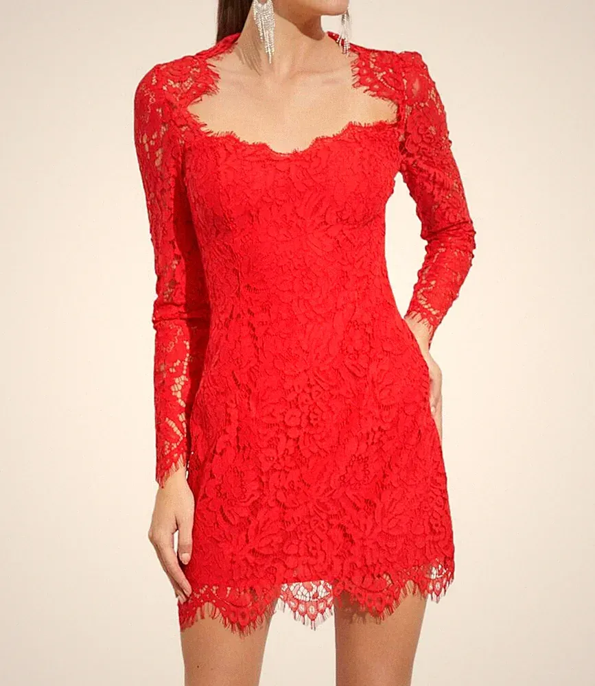 Kurzes Kleid Kleid Rot Damen Spitze Elegant Abend Quadratischer Ausschnitt 2337 New