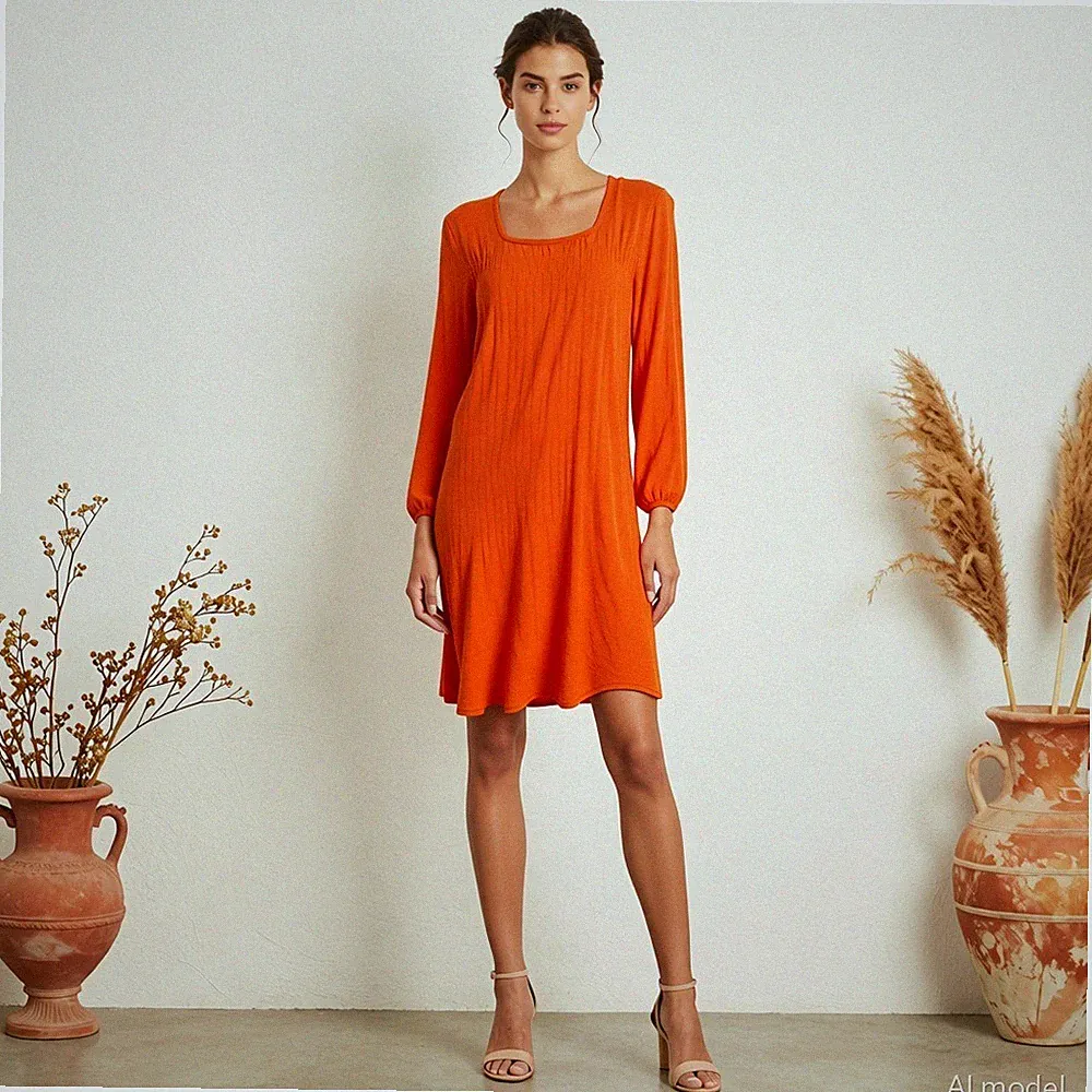 Kuschelig Knielang Strickkleid Orange Feinstrick Langarm Knopfleiste Gerafft M