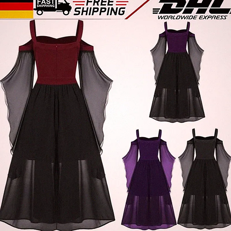 L-5XL Damen Punk Gothic Halloween Karneval Cosplay Kostüm Hexen Lang Partykleid`