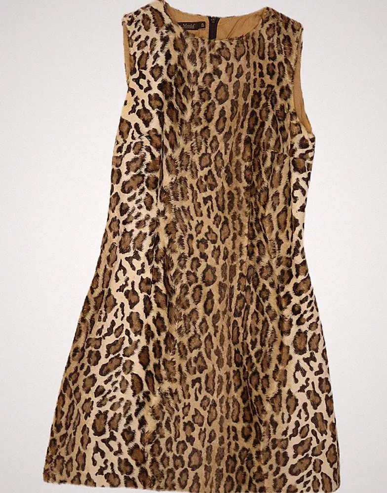 L'altra Moda Damen Kunstfell A-Linie Kleid IT 40 Small Beige Animal Print DK03