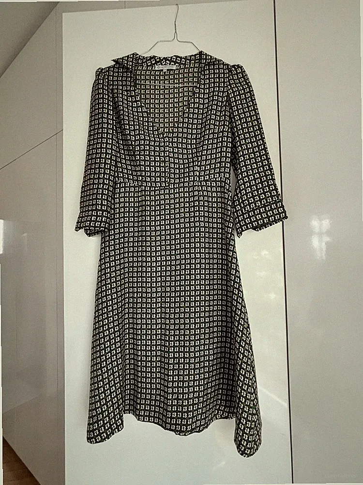 L'AUTRE CHOSE Damenkleid 100% Seide grün/braun/weiß Gr. 38, mit Ledergürtel