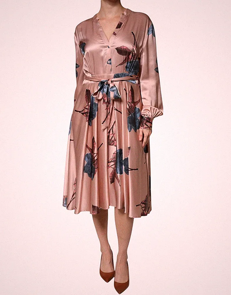 L'AUTRECHOSE Kleid Rosa Satin Blumen Langarm A-Linie Midi IT44/US10/L 590usd