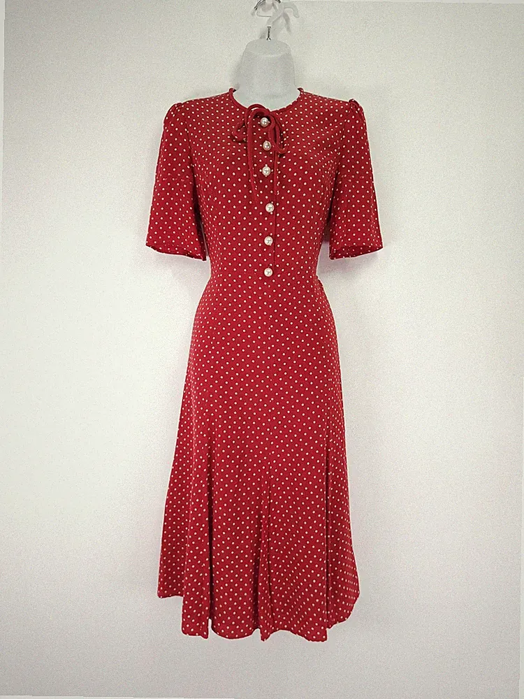 L.K. Bennett Montana Kleid Größe 10 rot gepunktet Seide Schleife Midi Hochzeitsgast
