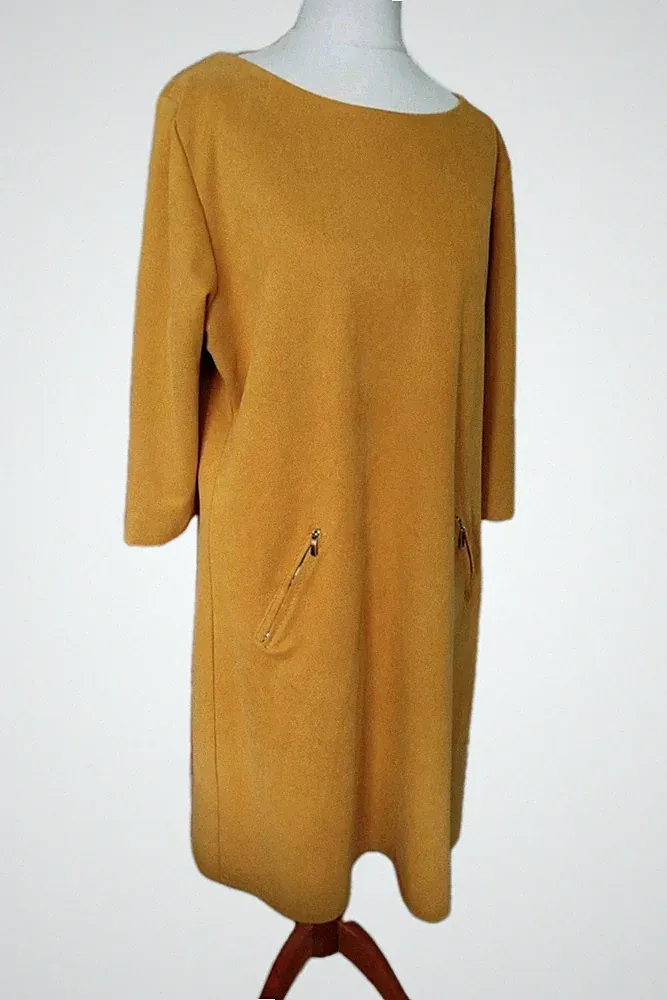 Lässiges Kleid A Linie 3/4 Arm, Taschen.Senf Gelb. L 40. Boho, Lagenlook