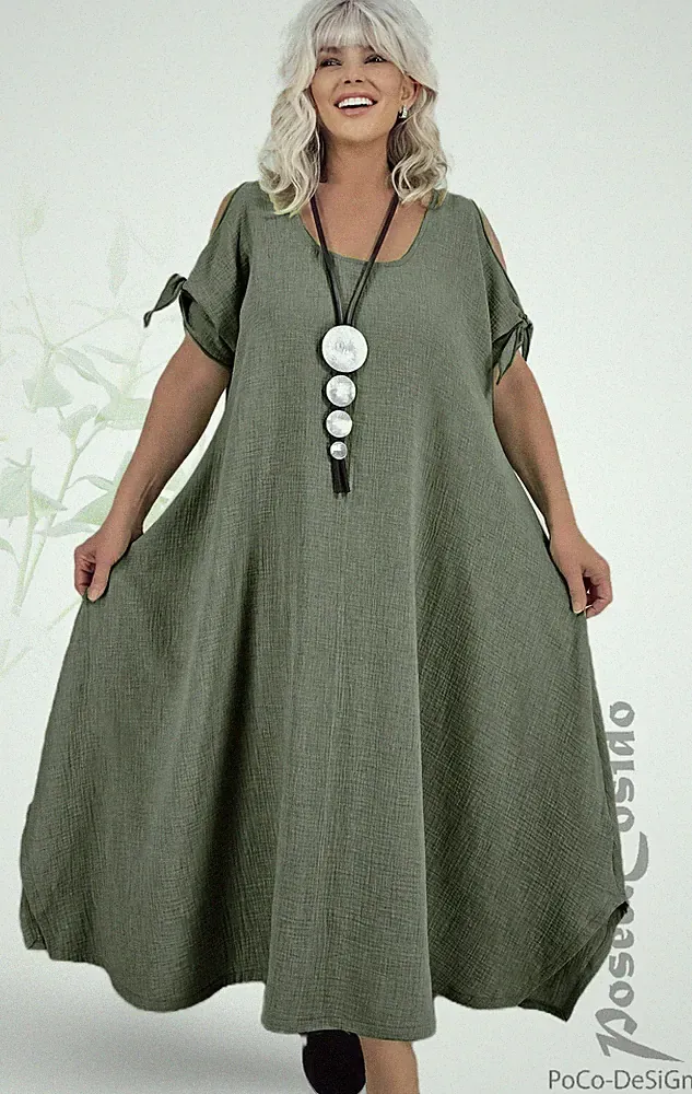 LAGENLOOK Cold Shoulder A-Form Kleid oliv 44 46 48 50 52 54 56 58 XL 2XL 3XL