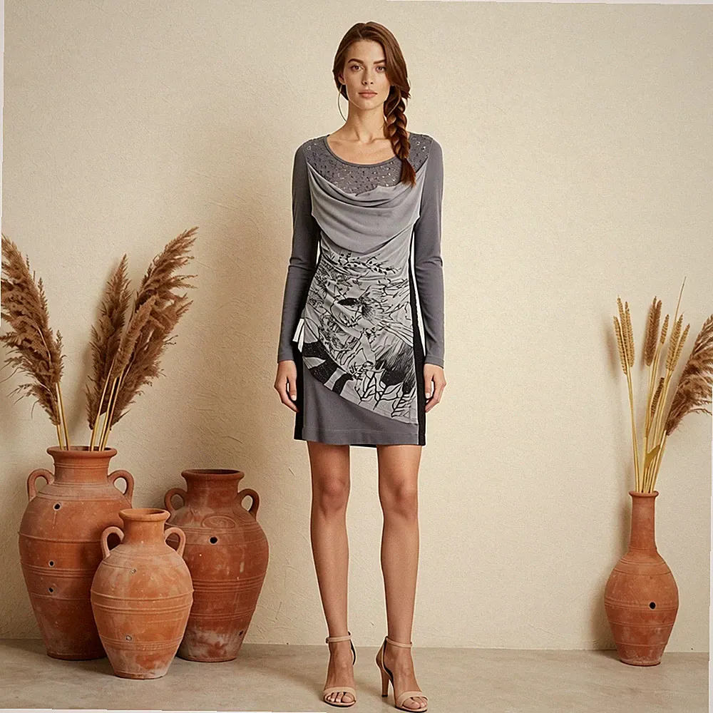 Lagenlook Extravagant Knielang Kleid Grau Grafik Print Spitze Hänger Gr. 38