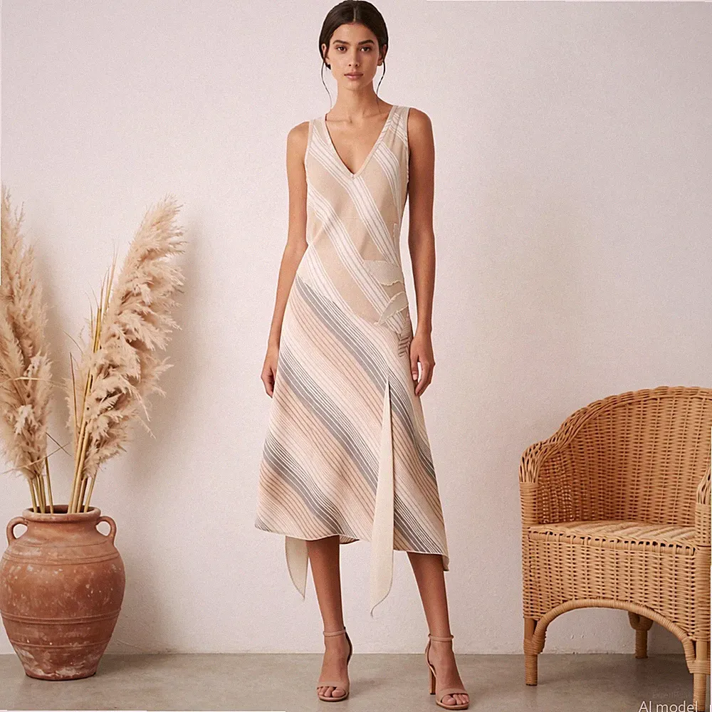Lagenlook Extravagant Maxi Kleid Beige Weiß Gestreift Leinen M&S Per una Gr. 42