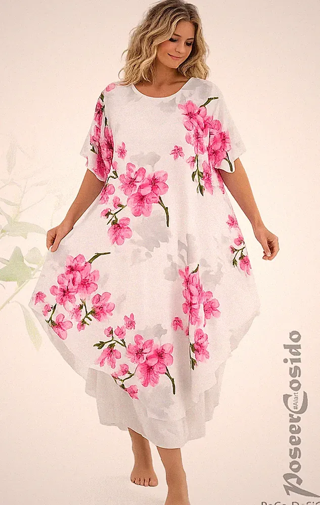 LAGENLOOK LA BASS Viskose A-Form Kleid weiß rosa XL-XXL-XXXL 46 48 50 52 54 56