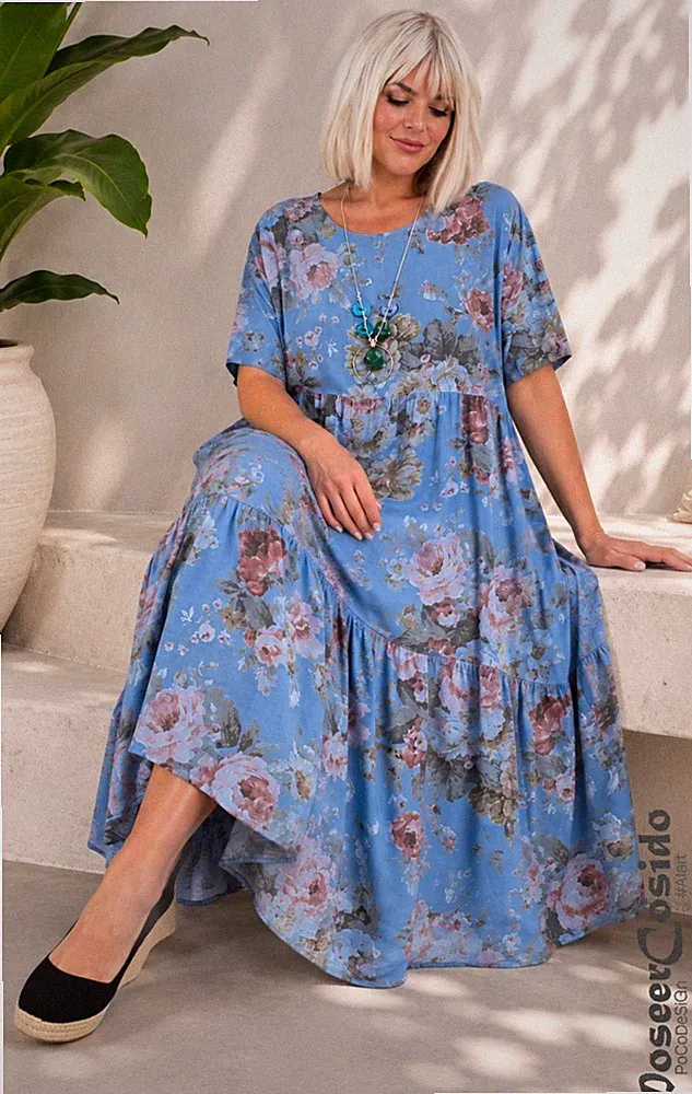 LAGENLOOK Viskose Volant-Blusen-Tunika-Kleid blau XL-XXXL 44 46 48 50 52 54