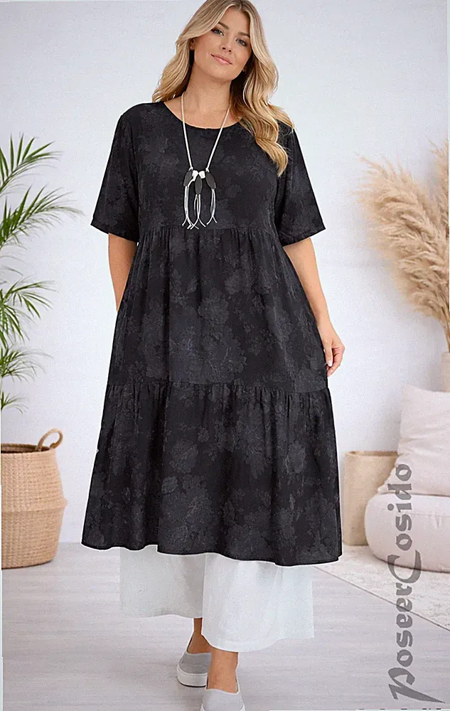 LAGENLOOK Viskose Volant-Blusen-Tunika-Kleid schwarz XL-XXXL 44 46 48 50 52 54