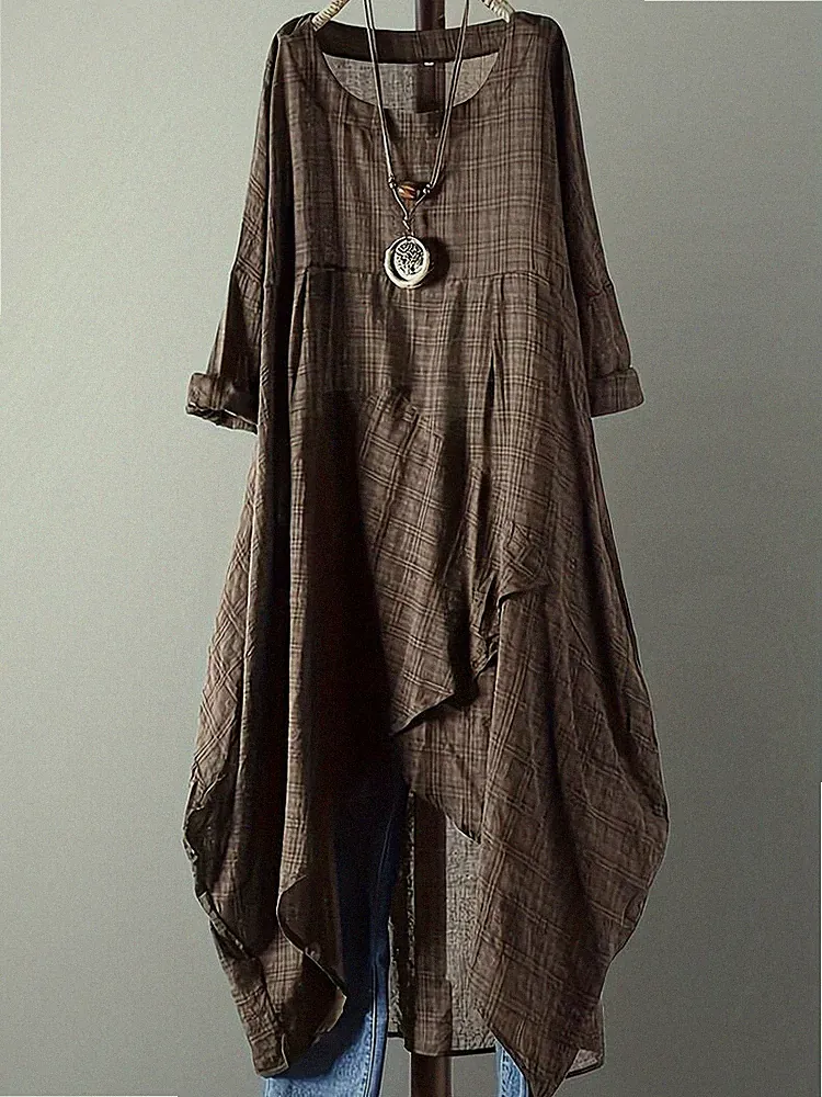 Lagenlook Zipfel Kleid braun 5XL (54/56) A-Linie Übergröße NEU Baumwolle Leinen